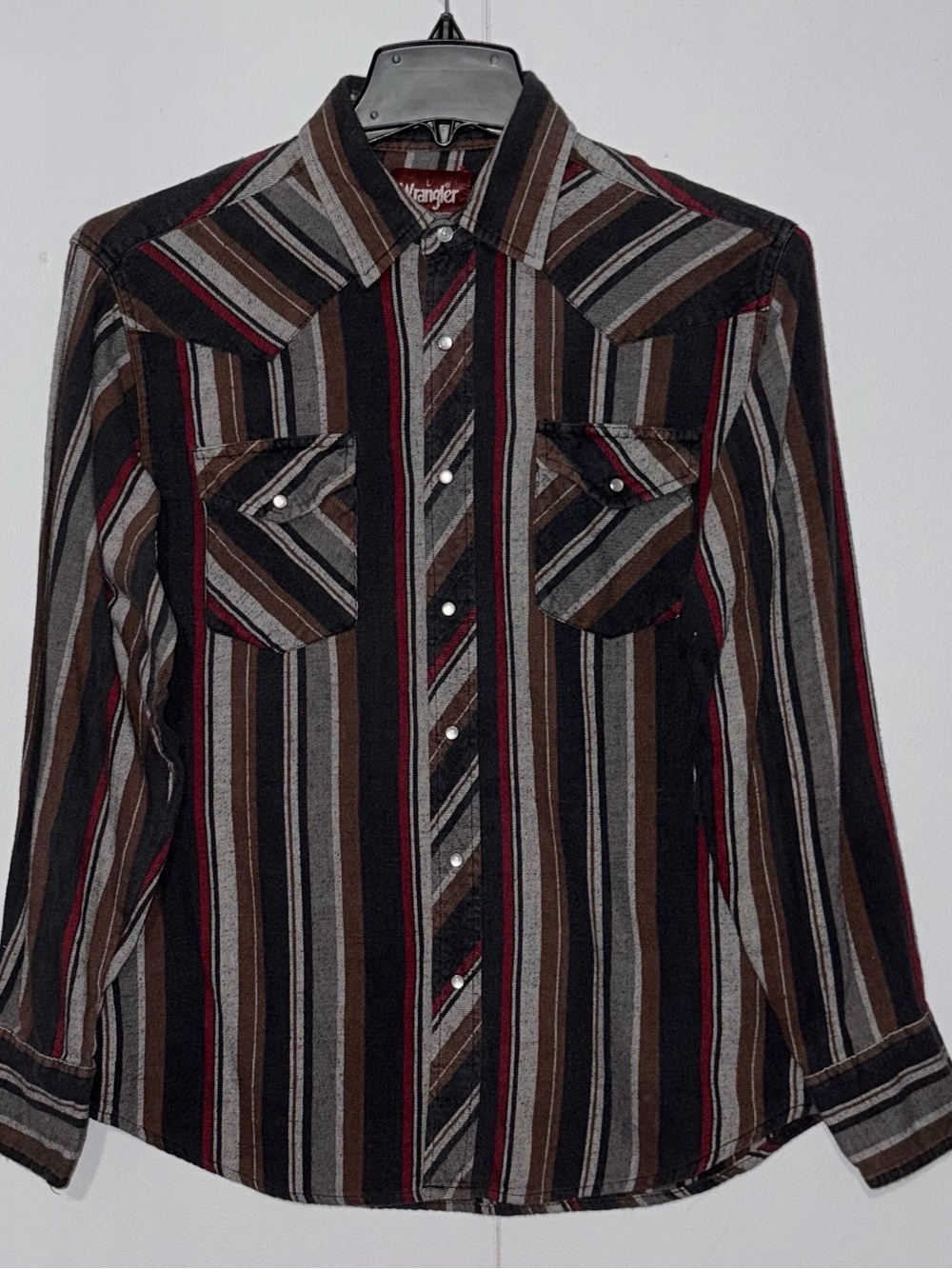 Wrangler Mens L Western Pearl Snap Shirt Brown Black Red Striped Cowboy 100% Cot